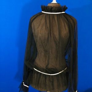 Beautiful Sheer Black w/white trim Empire Blouse!